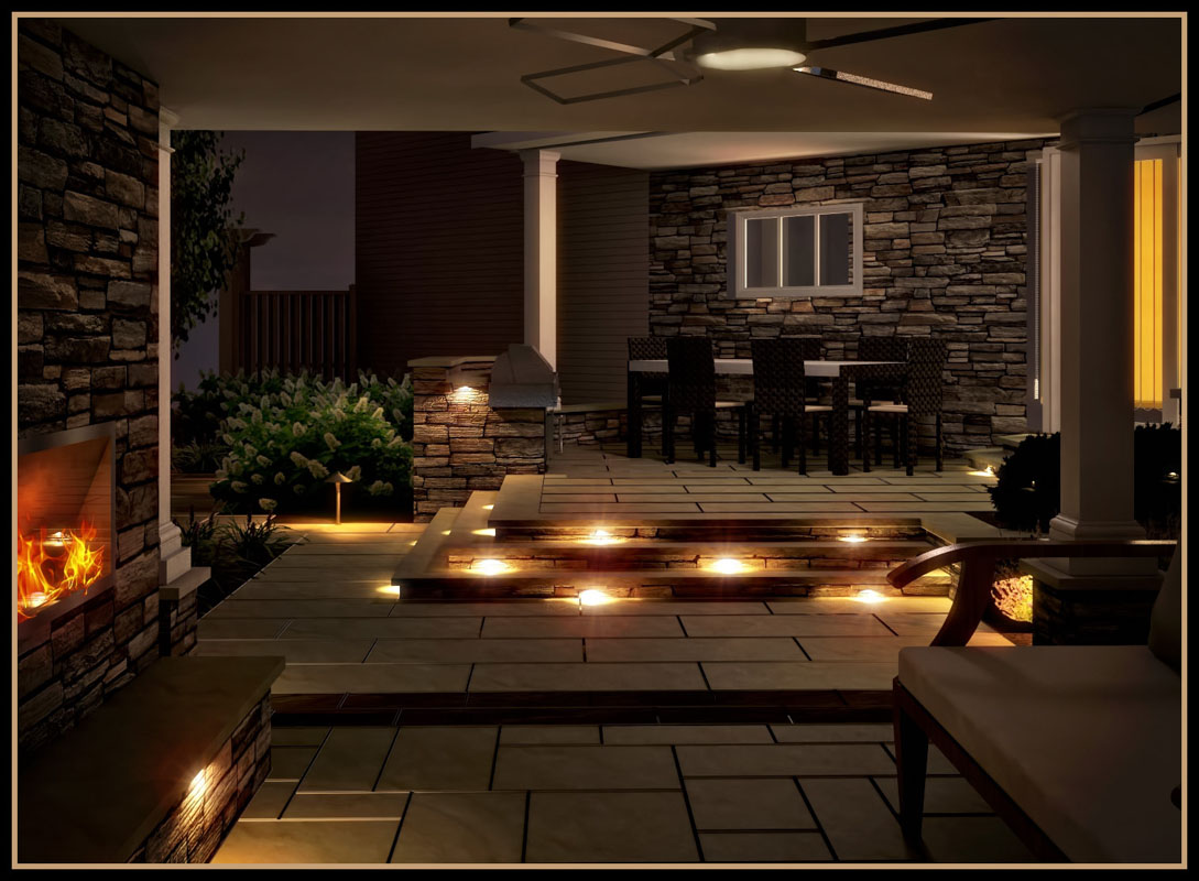 3d rendering showing built in step lighting on raised patio