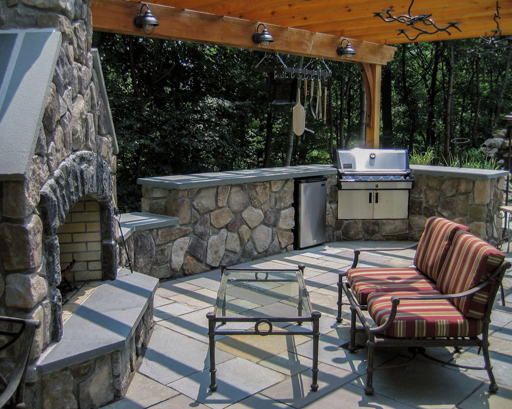 outdoor kitchen design, outdoor fireplace, pergola