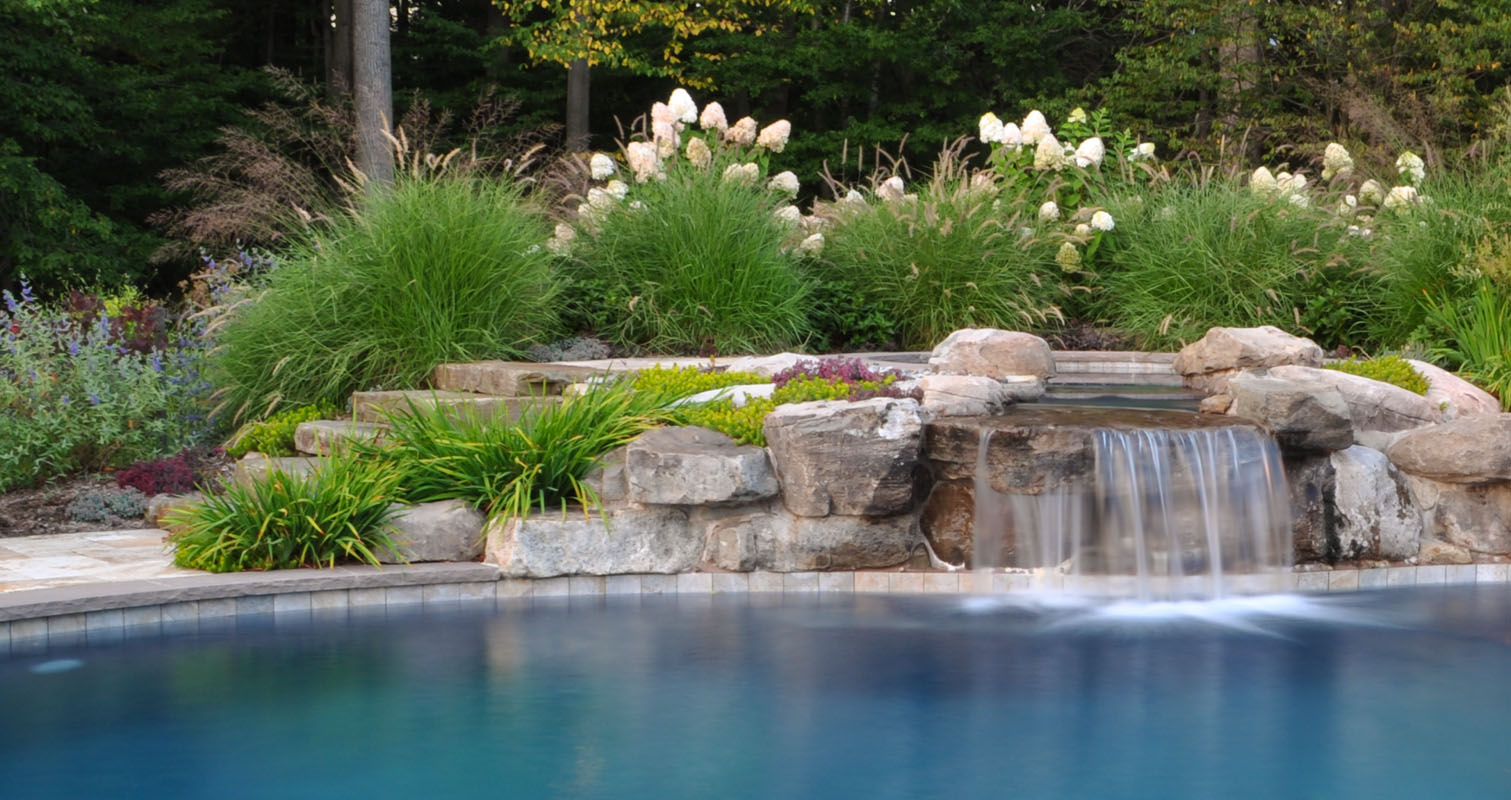 spa with great pool landscaping including ornamental grasses - north jersey