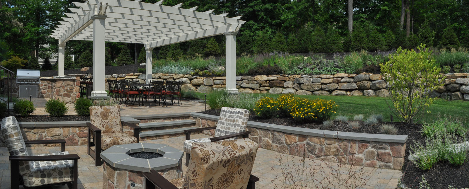 gas fire pit, seat wall, pergola, built-in bbq, landscape design - new jersey