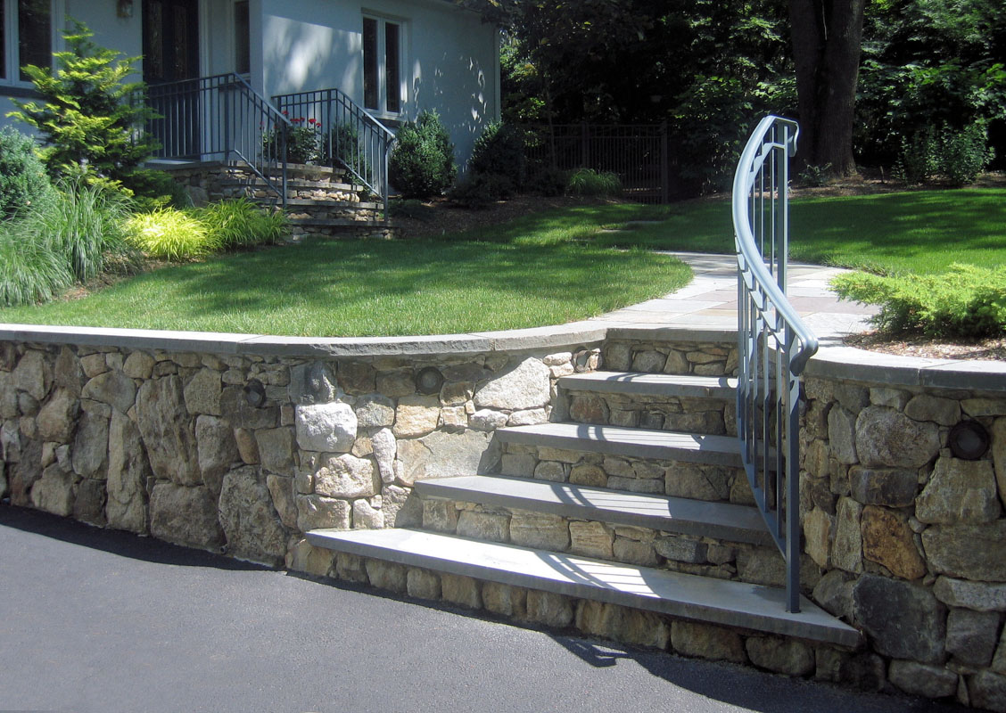 stone slab steps, aluminum railing