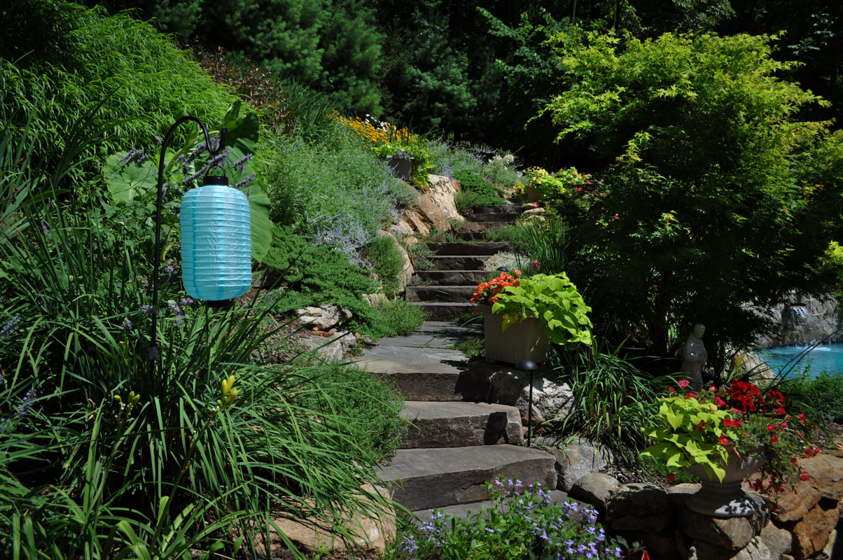 natural stone steps on steep nj sloped backyard