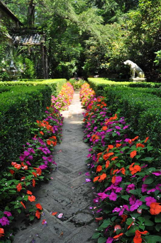 Formal Walkway with Impatiens Planted on Both Sides