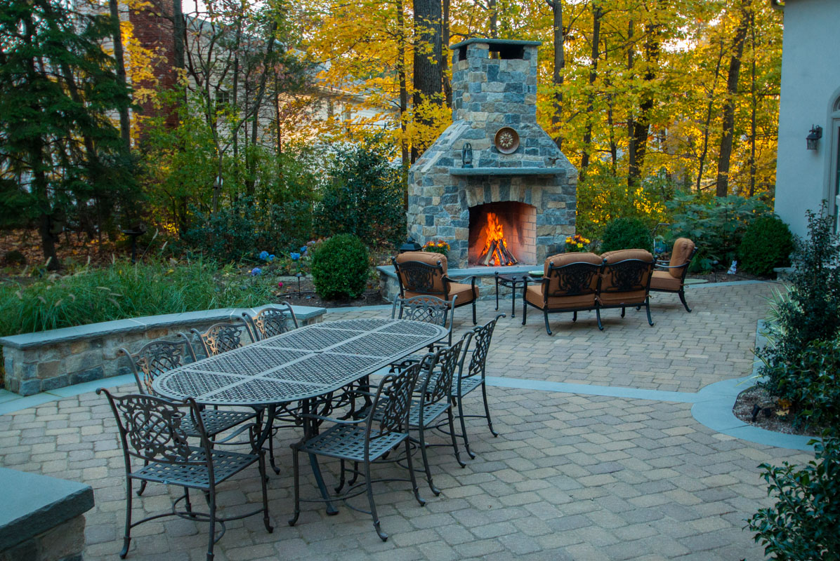 outdoor fireplace and seat wall, granite veneer