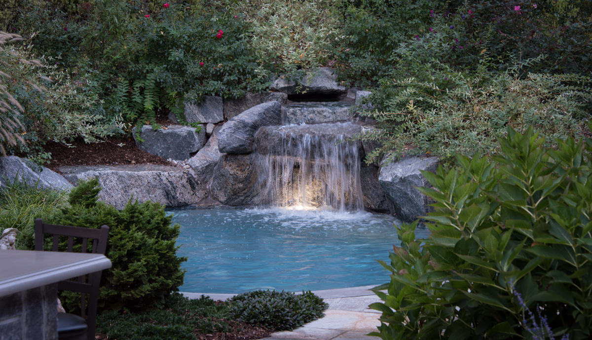 bergen county pool with pool waterfall