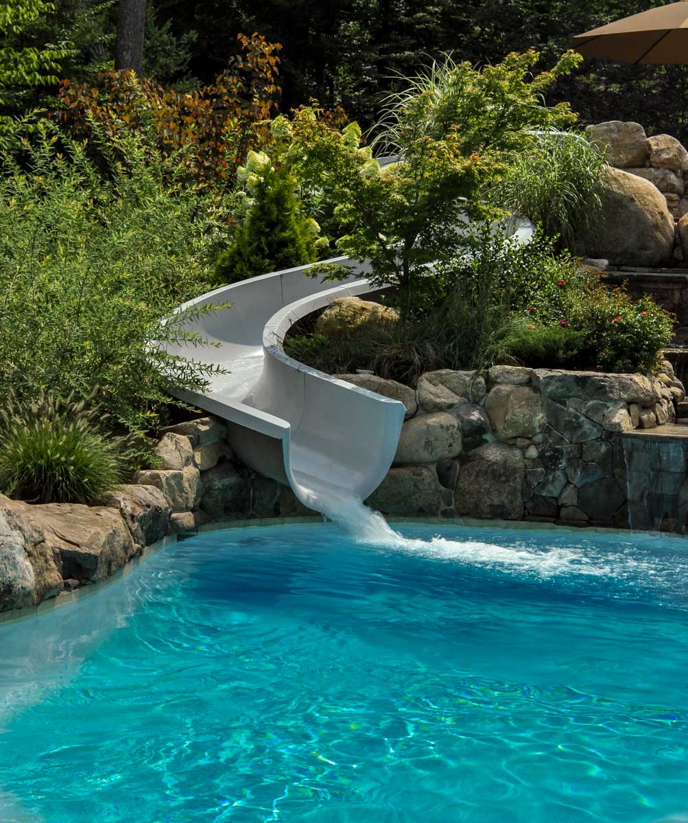waterslide spilling into the pool