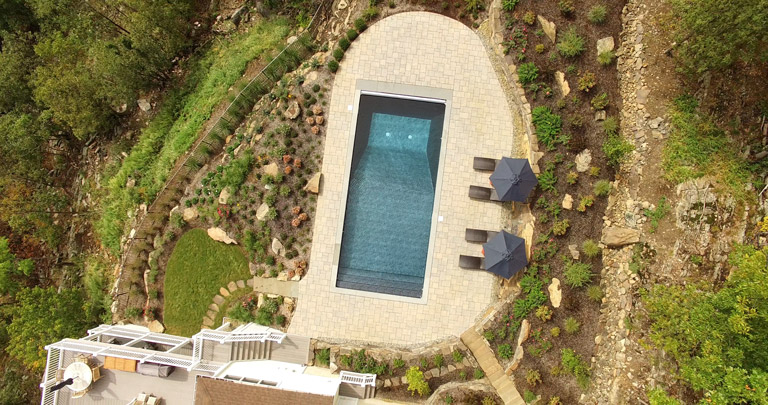 drone photo, nj landscape design with pool