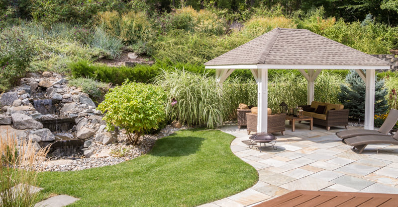 montville landscape with gazebo, patio, pondless waterfall