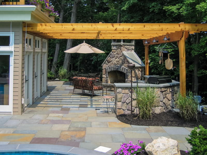 attached pergola with outdoor fireplace in madison nj