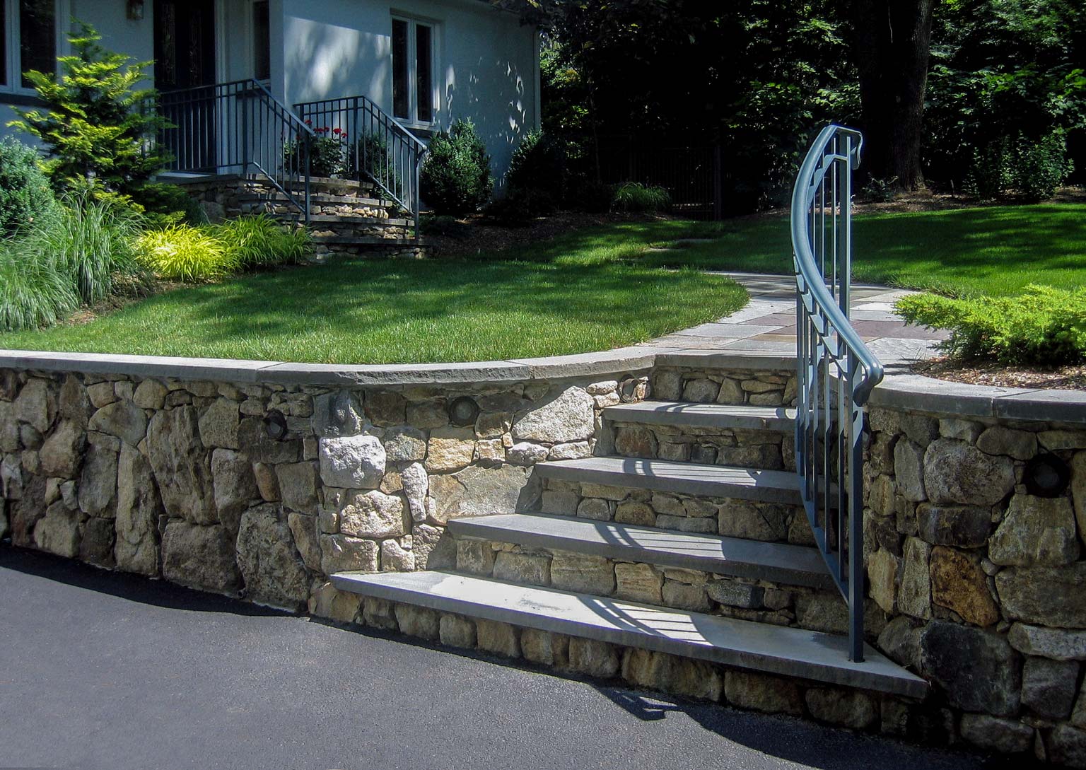 natural stone wall, slab stone steps, blue stone walkway - north jersey