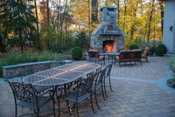outdoor fireplace, landscape design fire feature