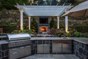 franklin lakes landscape, outdoor kitchen, pergola, outdoor fireplace
