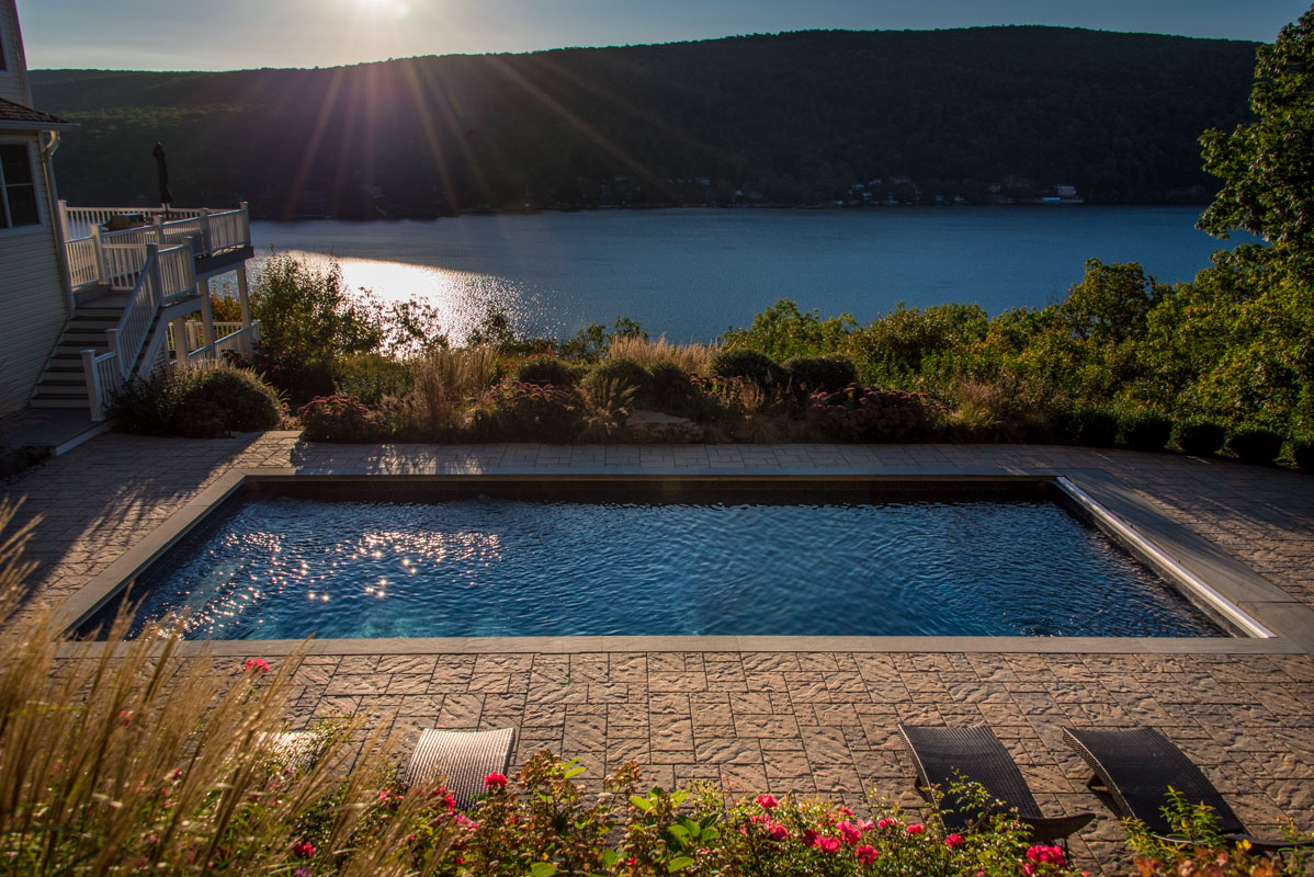 mountainside pool overlooking greenwood lake, techo-bloc blu paver patio