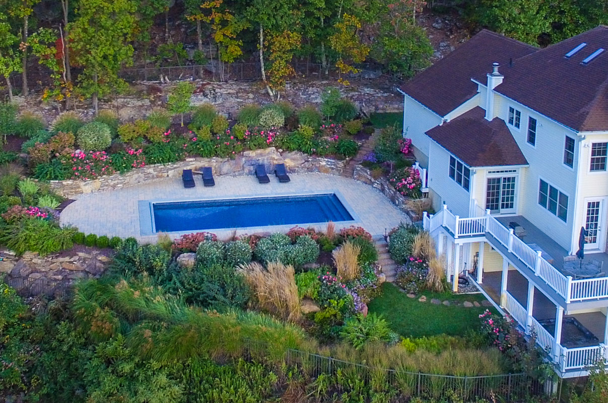 drone shot of finished nj swimming pool design