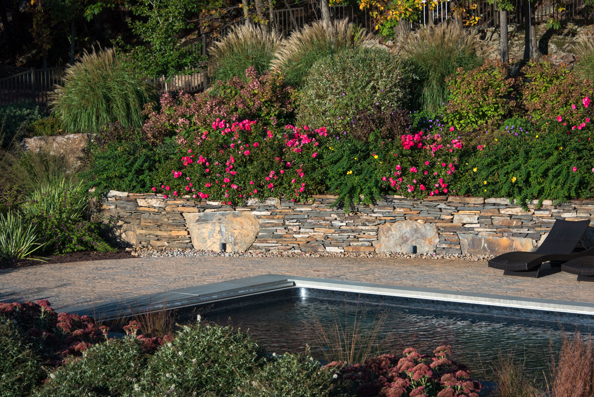 natural stone wall with lush planting above it