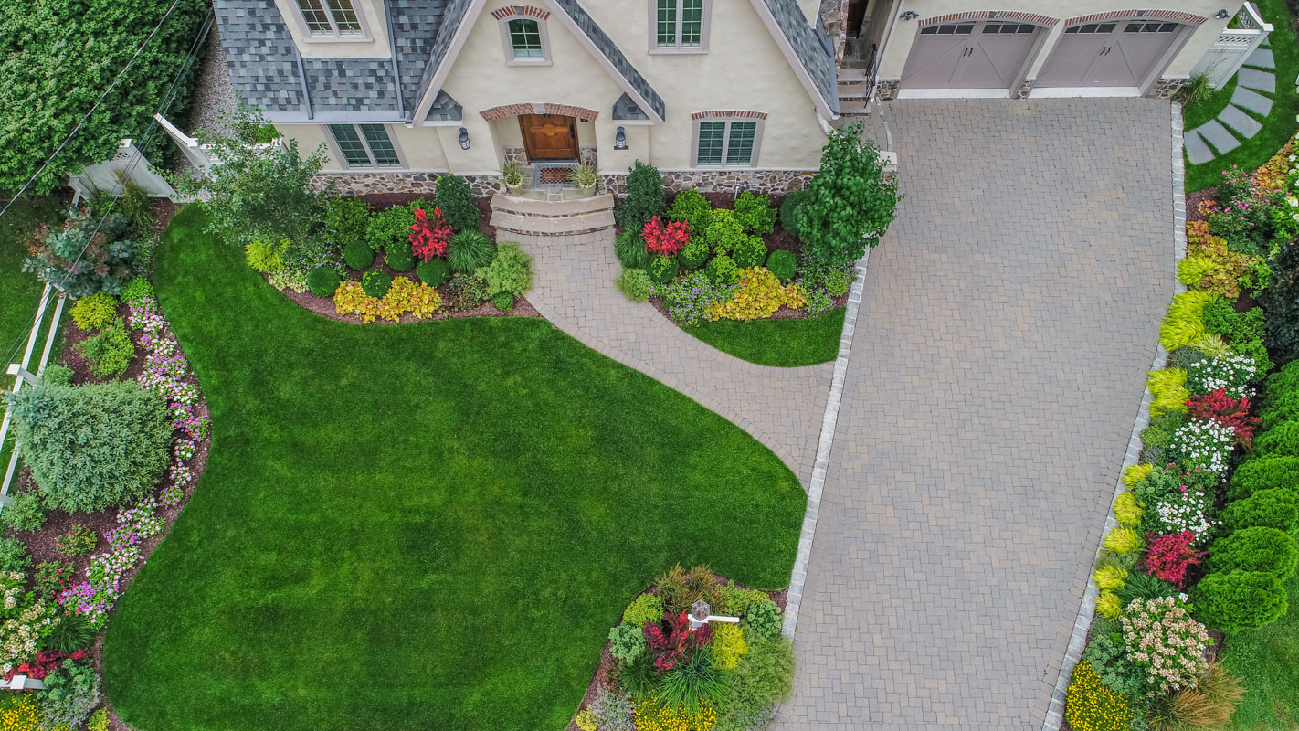 overhead shot of bergen county nj front yard, drone photography