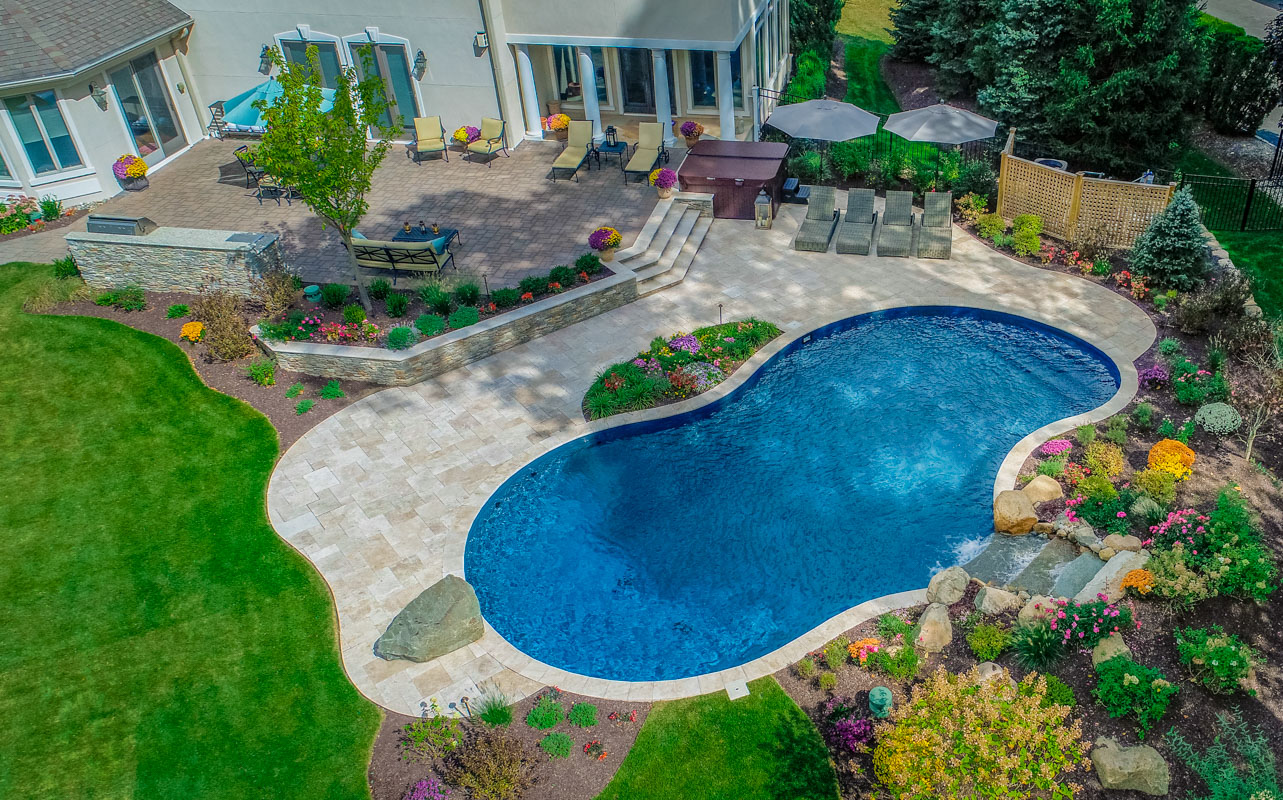 aerial shot of swimming pool design after installation