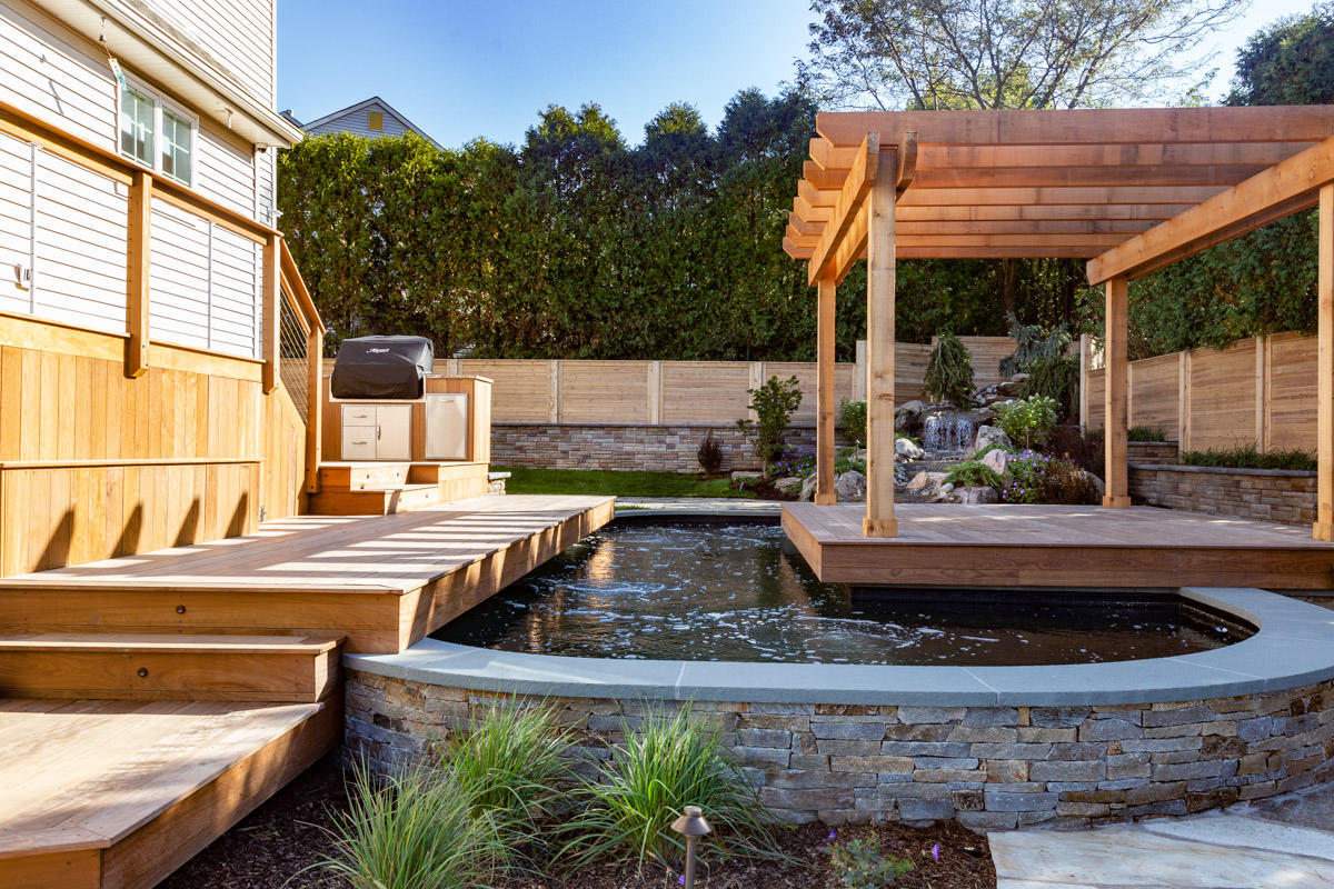 floating deck and pergola over koi pond