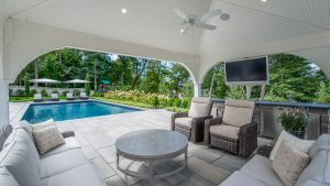 inside pavilion looking at pool in livingston nj landscape design