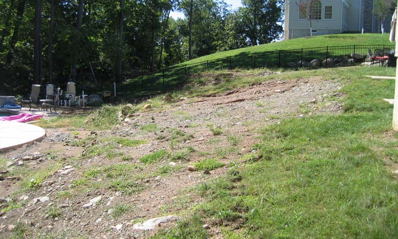 Before and after of a lakeside landscape renovation in New Jersey by CLC Landscape Design, featuring natural stone steps, ornamental grasses, and flowering shrubs.