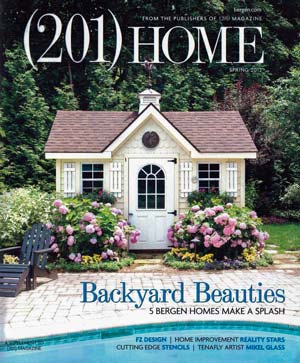Cover of (201) Home Magazine Spring 2012 featuring a charming white garden shed surrounded by lush landscaping and blooming hydrangeas.