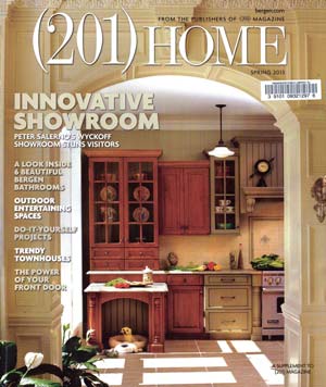 Cover of (201) Home Magazine Spring 2013 featuring a warm, traditional kitchen with wood cabinetry, arched doorway, and dog nook under the counter.