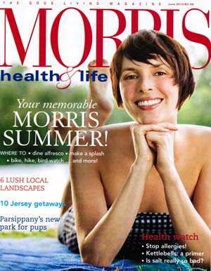 Cover of Morris Health & Life magazine featuring a smiling woman relaxing outdoors in summer, with feature headlines about local landscapes, outdoor getaways, and health tips.