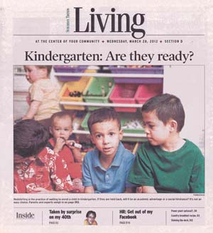 Cover of Suburban Trends Living section from March 28, 2012, featuring young children sitting in a classroom with colorful cubbies behind them.