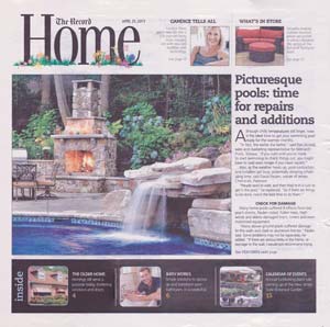 Front cover of The Record – Home section dated April 25, 2013, showcasing a backyard pool with a natural stone waterfall feature, fire pit, and lush landscaping.