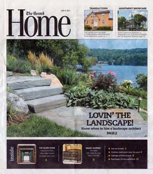 Cover of The Record – Home section from July 9, 2011, showing beautifully designed stone steps leading down toward a lake, framed by ornamental grasses, colorful flowers, and well-maintained greenery.