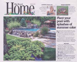 Cover of The Record – Home section dated June 20, 2013, showcasing a lush backyard with a swimming pool, waterfall, and vibrant plantings.