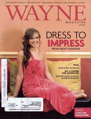 Cover of Wayne Magazine May 2012 featuring a young woman in a coral pink prom dress sitting on a couch, with headlines about prom fashions, backyard retreats, and local news.