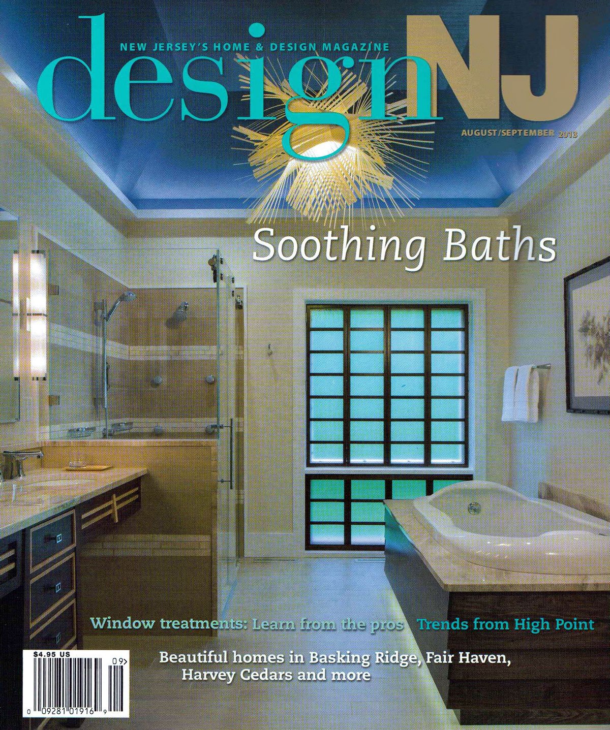 Cover of Design NJ August/September 2013 issue featuring a modern bathroom with a soaking tub and blue tray ceiling.