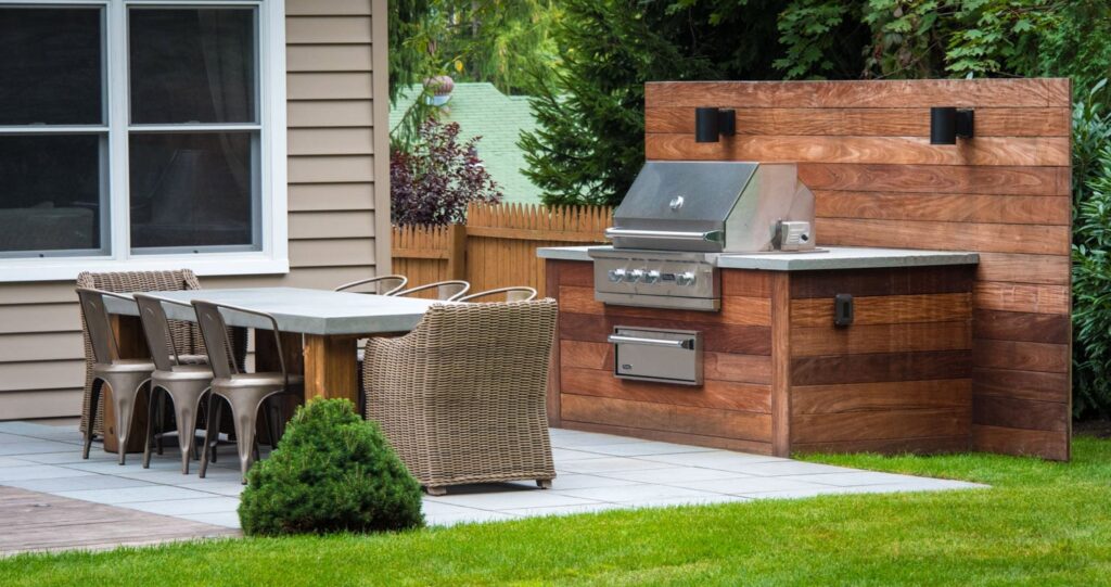 Modern Florham Park New Jersey landscape with patio areas, low plantings, and geometric layout