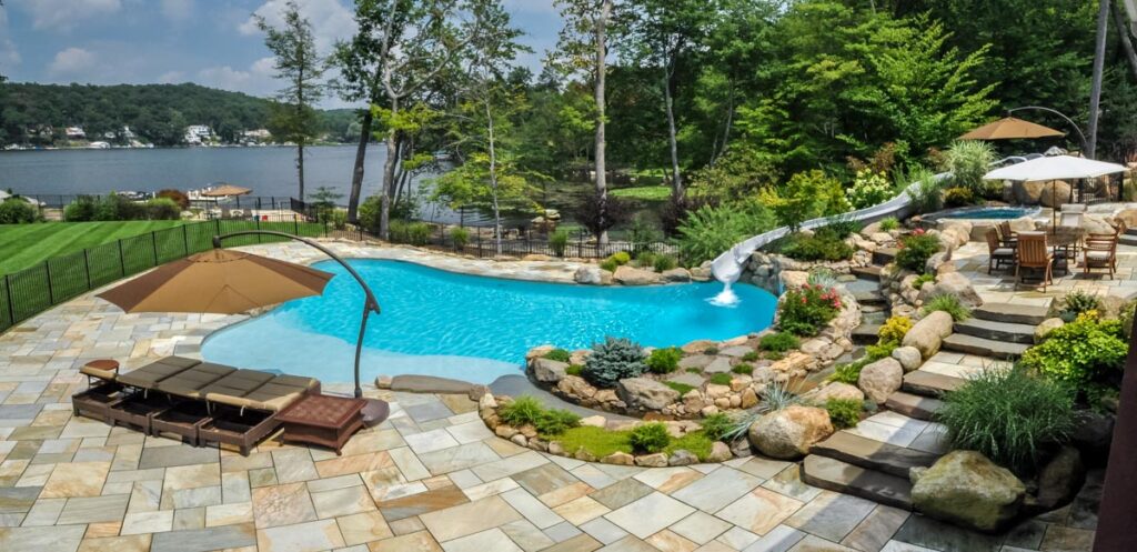 Lake Hopatcong multi-level lakefront landscape with stone steps and garden terraces