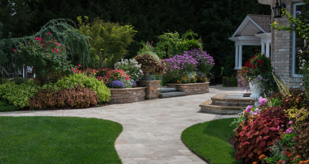 Montville colorful landscape garden with sculptural flowering plants and luxury textures.