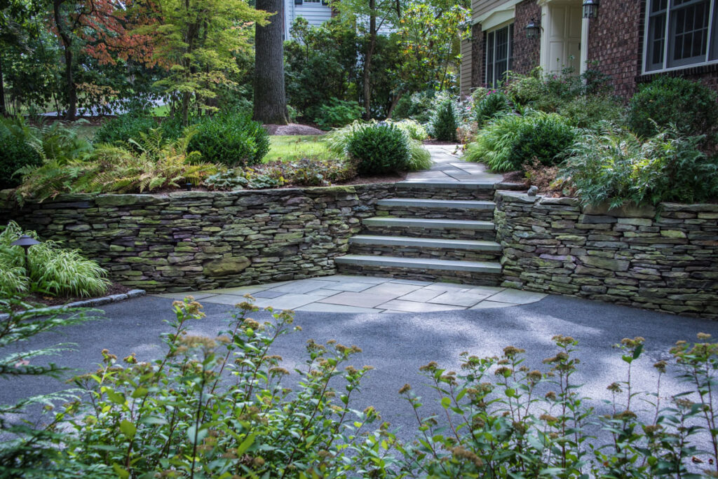 Inviting front yard entrance landscape in Morristown, New Jersey, designed by CLC Landscape Design for everyday family use.