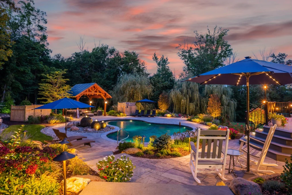 Luxury outdoor living space with custom patio and landscaping by CLC in New Jersey
