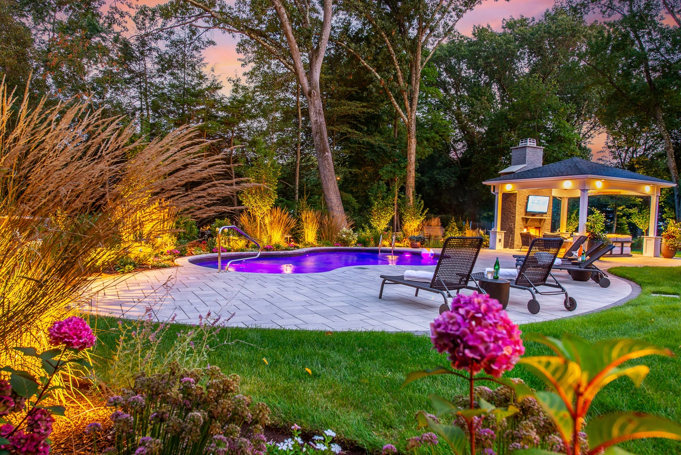 Luxury backyard and pool retreat in Woodcliff Lake, New Jersey designed by CLC Landscape Design