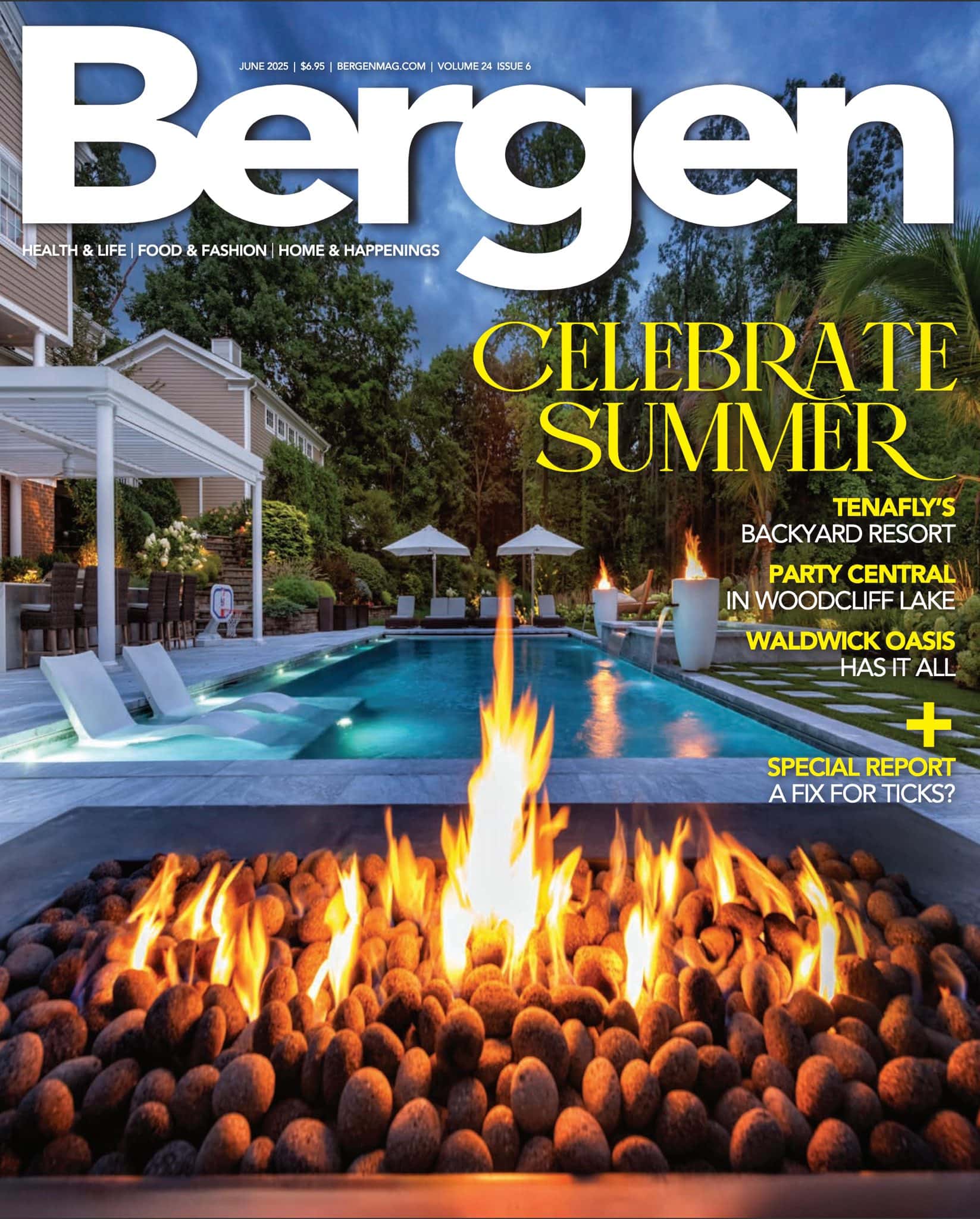 Outdoor fire pit lounge and patio design in Waldwick, NJ with custom landscaping, featured in Bergen Magazine.