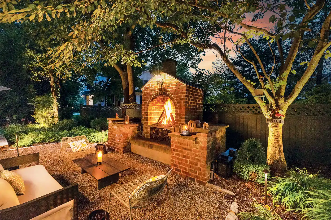 Freestanding stone outdoor fireplace NJ by CLC Design.