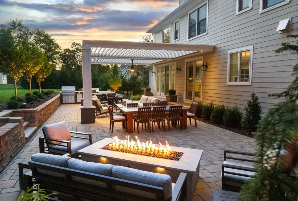 Vine-covered pergola for dappled shade—CLC Design in NJ.