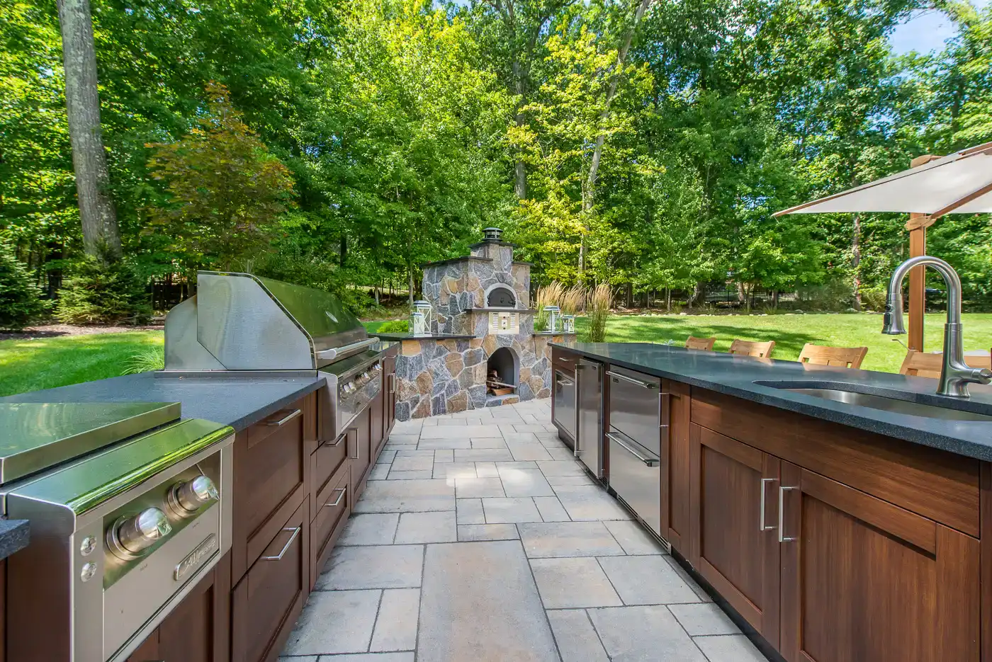 Standalone backyard grill island by CLC Landscape Design NJ.