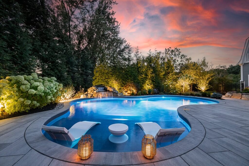 Luxury backyard with new pool, pavilion, and outdoor kitchen — CLC Landscape Design Upper Saddle River NJ.